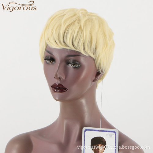 Vigorous synthetic hair fiber wigs glueless perruque machine made pixie cut short blonde curls hair for black women